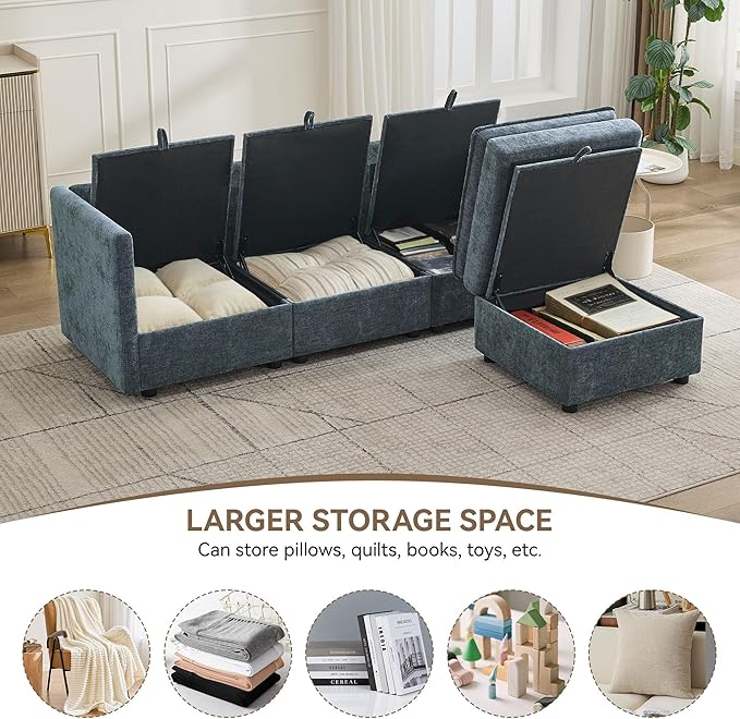 80" Cloud Modular 3 Seater Sofa with Storage Ottoman, Modern Upholstered Storage Sofa Couch Deep Seat, L Shape Sectional Sofa Chenille Comfy Couch with Armrests for Living Room, Small Space, Blue
