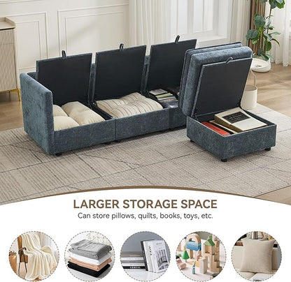 80" Cloud Modular 3 Seater Sofa with Storage Ottoman, Modern Upholstered Storage Sofa Couch Deep Seat, L Shape Sectional Sofa Chenille Comfy Couch with Armrests for Living Room, Small Space, Blue