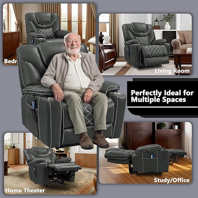Power Lift Recliner for Seniors: 9988 High Density Foam Lift Chair With Heat and Massage, Reclining To 180, 2 Pockets Cup Holders, 2 Remote Controls, Dual OKIN Motors - Breathable Leather Gray