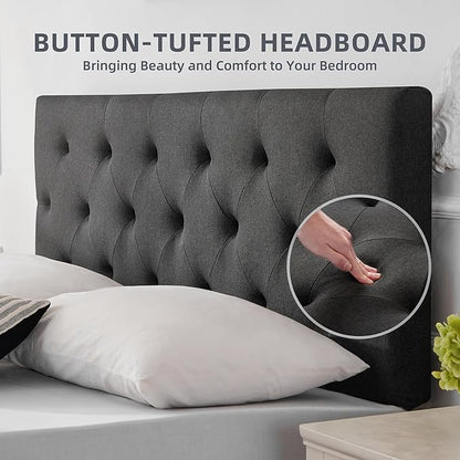 Linen Fabric Upholstered Headboard Queen Size, Modern Diamond Tufting Solid Wood Queen Headboard Only,Adjustable Height from 37” to 51” Head Board, Bed Frame or Wall Mount Headboards, Dark Grey