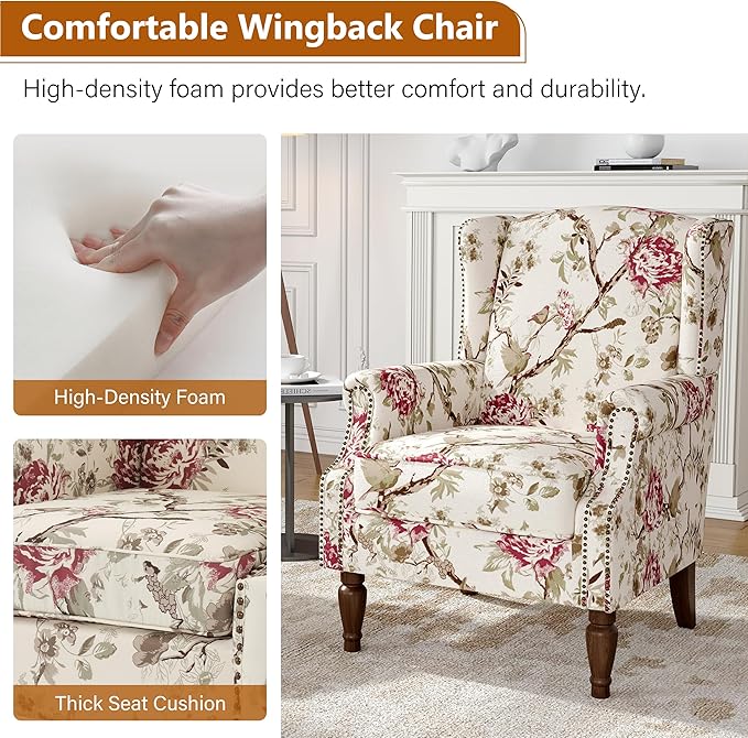 Floral Wingback Accent Chair, High Back Upholstered Armchair, Comfy Fabric Wingback Arms Chairs with Solid Wood Legs, Single Sofa Reading Chair for Bedroom Living Room, Beige