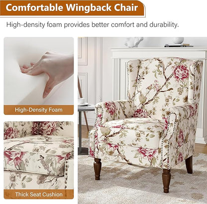 Floral Wingback Accent Chair, High Back Upholstered Armchair, Comfy Fabric Wingback Arms Chairs with Solid Wood Legs, Single Sofa Reading Chair for Bedroom Living Room, Beige