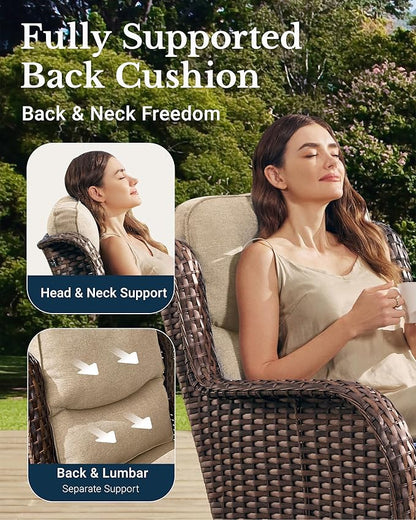 HILLGA Luxury Outdoor Swivel Rocker Patio Chairs of 2 with 6 Inch Thick Cushions and Side Table, Swivel Outdoor Chairs 5PCS High Back Wicker Patio Furniture Set for Porch, Balcony, Deck in Beige