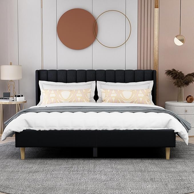 AGARTT Upholstered Platform Bed Frame King Size with Headboard and Footboard/Wooden Slats Support/No Box Spring Needed/Easy Assembly,Black Linen