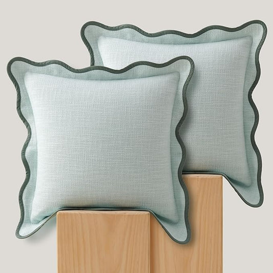 Double Stitch Scalloped Throw Pillow Covers - 100% Cotton Set of 2 Decorative Boho Pillow Covers 18 x 18, Made in India, Square Cushion Case, Modern Home Decor for Couch Sofa Living Room, Aqua Mint
