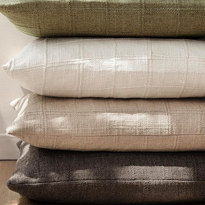 Foindtower Set of 2 Decorative Linen Check Throw Pillow Covers Neutral Farmhouse Vintage Cushion Covers Modern Coastal Boho Home Decor for Sofa Chair Couch Bedroom Living Room,16×16 Inch,Camel