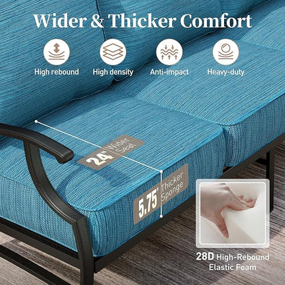 4 Piece Metal Outdoor Patio Furniture Set, Patio Conversation Sets 3-seater Sofa, 2 Swivel Chair with 5.75" Extra Thick Cushion and Coffee Table, Black Frame Backyard Furniture, Blue-2