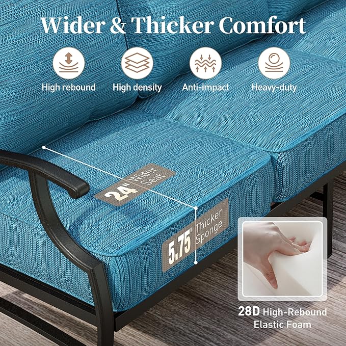 5 Piece Metal Outdoor Patio Furniture Set, Patio Conversation Sets 3-seater Sofa, 2 Swivel Chairs, 2 Ottomans with 5.75" Thick Cushion, Black All-weather Backyard Furniture Set, Blue-2