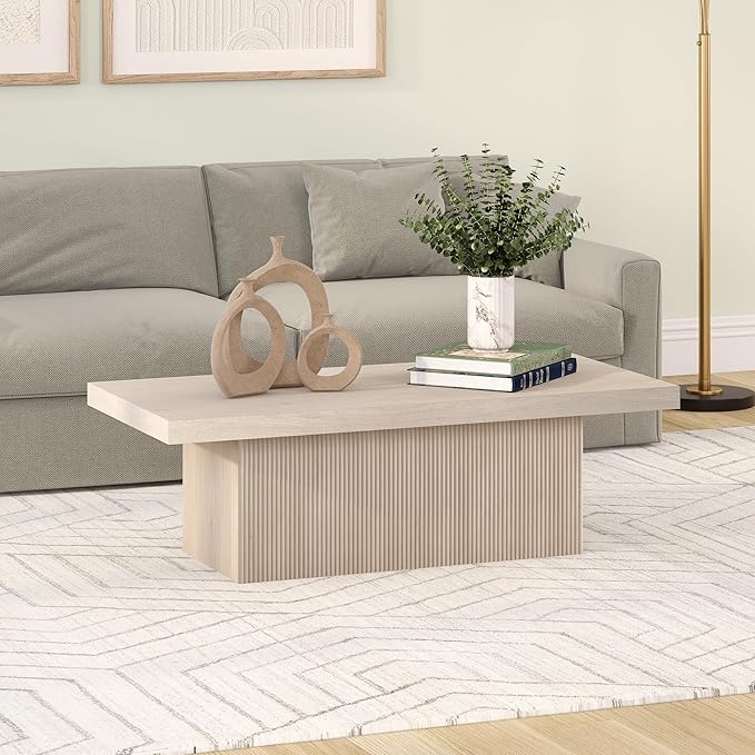 Henn&Hart 48" Fluted Low-Profile Coffee Table with Solid Base for Living Room, Family Room, or Office, Alder White