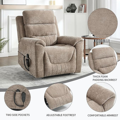PELUMY Power Lift Recliner Chair for Elderly with Massage and Heat, Dual Motor Heavy Duty 350lbs Recliner, 8-Point Vibration & Lumbar Heating, Electric Lift Chair (Chenille, Khaki)