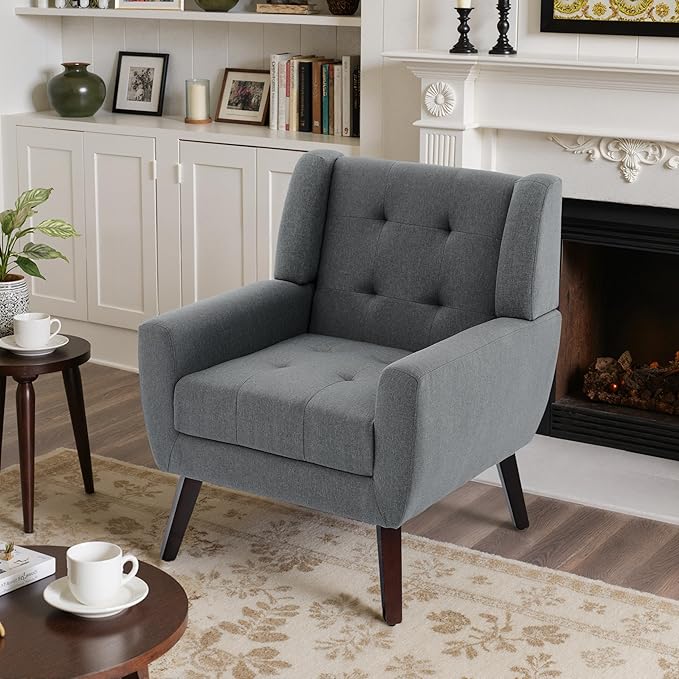 Accent Chairs Set of 2, Mid-Century Modern Upholstered Armchair, Comfy Fabric Living Room Chairs Reading Chairs with Button Tufted Back & Solid Wood Legs for Bedroom, Office, Gary