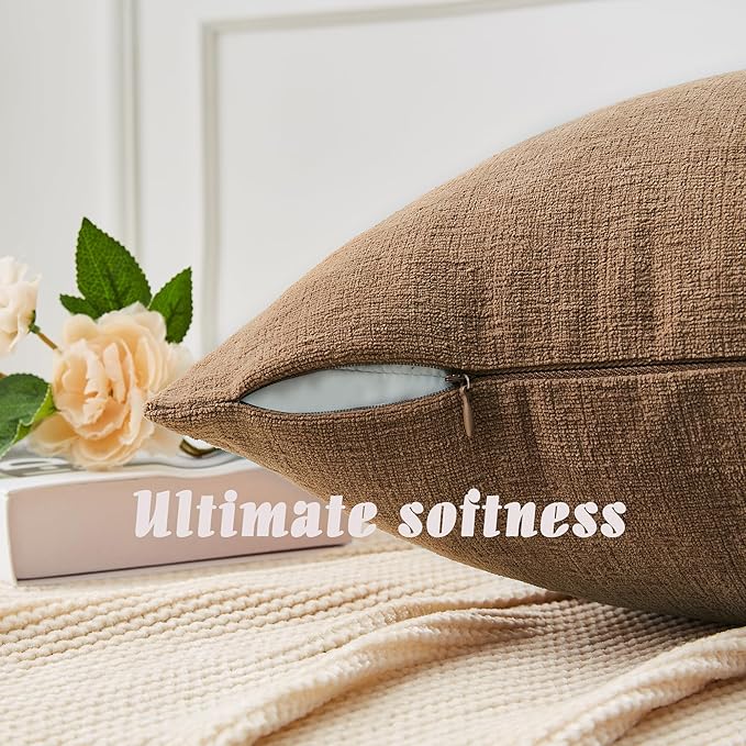 GAWAMAY Decorative Square Throw Pillow Covers 22x22 Inch Set of 2, Super Soft Chenille Pillows Farmhouse Fall Pillowcase for Living Room Bedroom Sofa Couch Cushion Cover Brown 55x55cm (No Inserts)