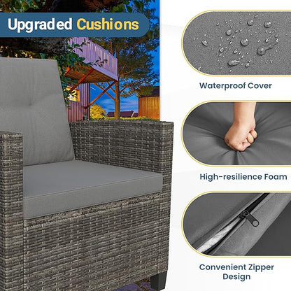 Wisteria Lane 4 Piece Patio Furniture Set, Wicker Outdoor Patio Conversation Furniture Set, All Weather Outdoor Patio Sofa with Cushion and Glass Table, Gray Wood