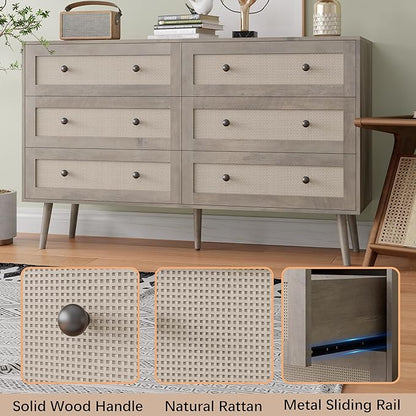 Rattan Dresser for Bedroom, Grey 6 Drawer Dressers & Chest of Drawers, Boho Dresser with Handles Wood Chests Storage Organizer Farmhouse Dressers for Closet, Hallway, Office