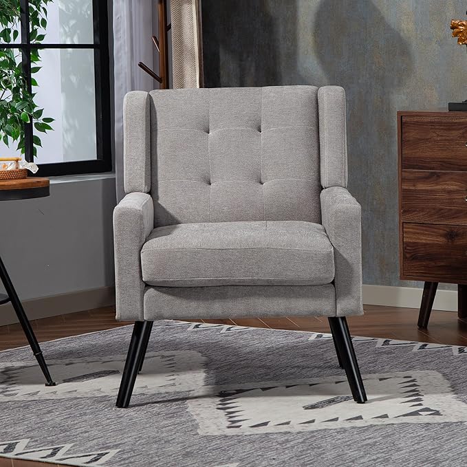 Mid-Century Modern Accent Chair, Plush Linen Fabric with Button Tufted High Back & 5" Thick Cushion, High Comfort Reading Chair for Living Room, Bedroom, Office (Light Gray)