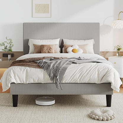 Allewie Full Size Upholstered Bed Frame with Vertical Channel Tufted Headboard, Soft Corduroy Fabric Platform Bed, Strong Wooden Slats Support, Easy Assembly, No Box Spring Needed, Light Grey