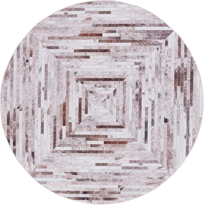 SAFAVIEH Washable Rug Faux Hide Collection - 6' Round, Beige & Brown, Slip Resistant, Western Rustic Decor, Printed Pattern, Ideal for Living Room, Bedroom, Home Office, Dining Space (FAH526A)