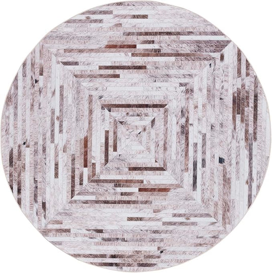 SAFAVIEH Washable Rug Faux Hide Collection - 4' Round, Beige & Brown, Slip Resistant, Western Rustic Decor, Printed Pattern, Ideal for Living Room, Bedroom, Home Office, Dining Space (FAH526A)