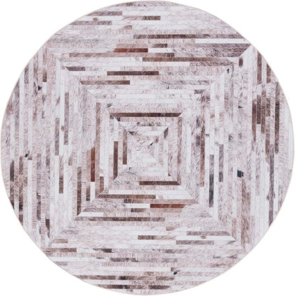 SAFAVIEH Washable Rug Faux Hide Collection - 8' Round, Beige & Brown, Slip Resistant, Western Rustic Decor, Printed Pattern, Ideal for Living Room, Bedroom, Home Office, Dining Space (FAH526A)
