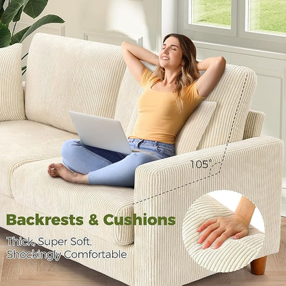 70in Corduroy Couch, Kidirect Sofa No Tool Assembly, Comfy Couches for Living Room 21in Deeper Seats, Corduroy Sofas for Living Room with 2 Pillows, Oversized Loveseat Sofa, Boho Love Seat Beige Couch