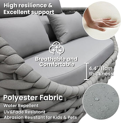 Woven Rope Patio Sofa Furniture Set of 4: Aluminum All Weather Outdoor Conversation Set, Couch Armchair and Loveseat Set with Table Cushions for Deck Porch Poolside Garden Backyard Hotel - Gray