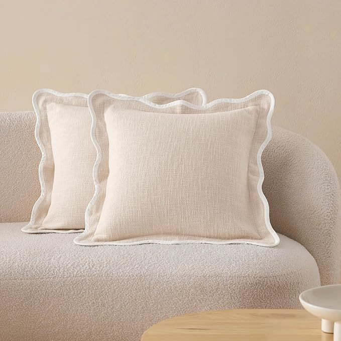 Double Stitch Scalloped Throw Pillow Covers - 100% Cotton Set of 2 Decorative Boho Pillow Covers 18 x 18, Made in India, Square Cushion Case, Modern Home Decor for Couch Sofa Living Room, Oat Milk