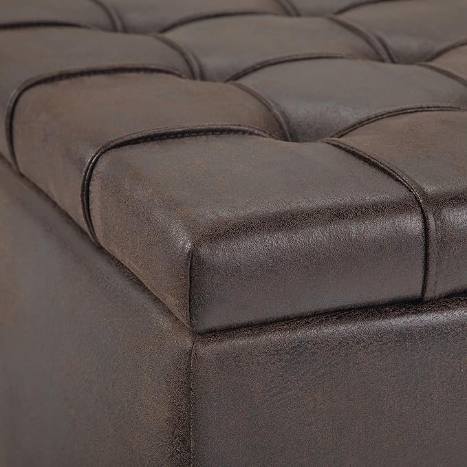 SIMPLIHOME Harrison Coffee Table Storage Ottoman - 36 inch Wide Upholstered Vegan Leather Square Lift-Top Ottoman in Distressed Brown, Transitional Ottoman for Living Room with Hidden Storage