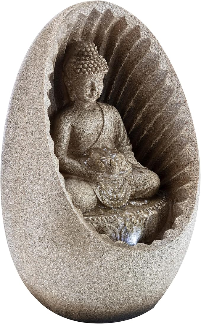 Alpine Corporation WIN322 Indoor/Outdoor Tabletop Buddha Fountain with LED Lights, Soothing Buddha Garden Fountain 11", Beige