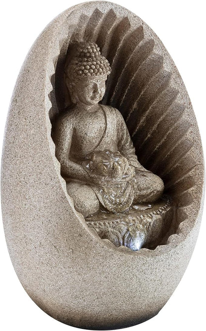 Alpine Corporation WIN322 Indoor/Outdoor Tabletop Buddha Fountain with LED Lights, Soothing Buddha Garden Fountain 11", Beige