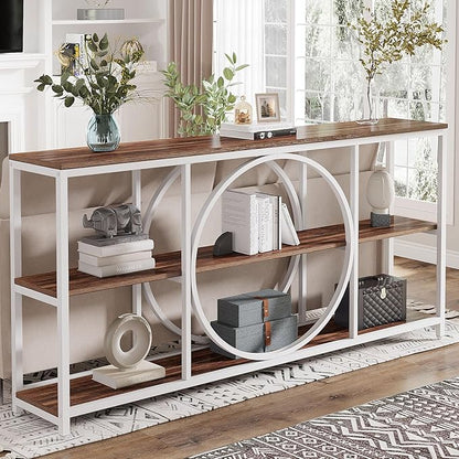 Tribesigns 70.9 inch Sofa Console Table, Extra Long Narrow Entryway Tables with 3 Tier Wood Storage Shelves Industrial Metal Frame for Foyer Hallway Living Room Behind Couch, White Walnut