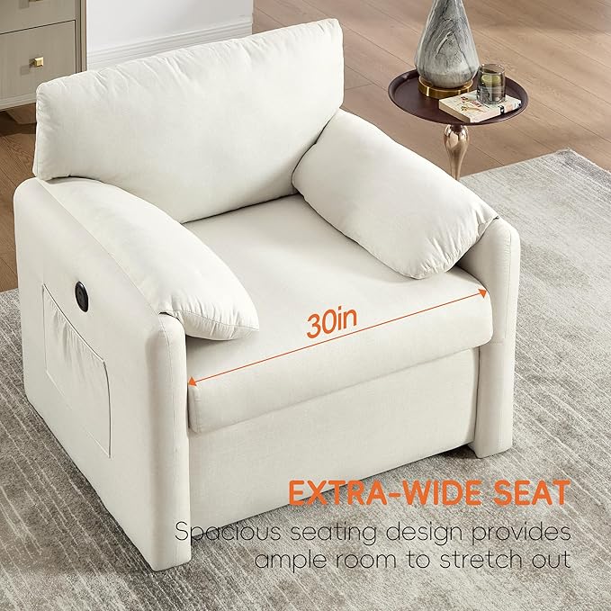 Oversized Accent Chair 38" Wide Mid-Century Modern Armchair for Living Room,USB and Type-C Ports,Comfy Reading Chairs for Bedroom with Side Pockets,Single Sofa Chair (Beige, Set of 1)