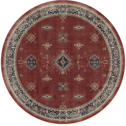 RUGGABLE Washable Vintage Area Rug – Verena Amber Red 8 ft Round, Stain-Resistant, Non-Slip – Large Machine Washable Rugs for Living Room, Bedroom, Hallway, Entryway & Office–with Cushioned Pad