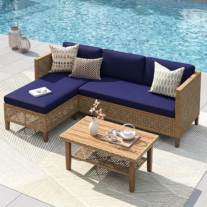 PHI VILLA Wicker Patio Furniture Set, Sectional Outdoor Sofa with Cushions and Acacia Wood Coffee Table, L-Shaped Small Patio Conversation Set, Navy Blue