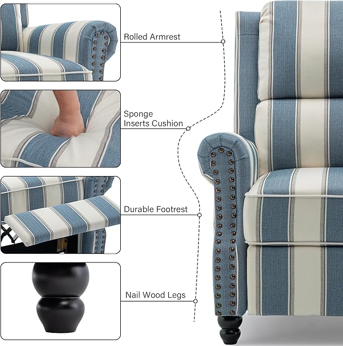 Recliner Chair, Modern Pushback Armchair with Adjustable Backrest & Footrest for Bedroom, Living Room -Navy Blue Stripe,Set of 1