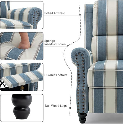 Recliner Chair, Modern Pushback Armchair with Adjustable Backrest & Footrest for Bedroom, Living Room -Navy Blue Stripe,Set of 1