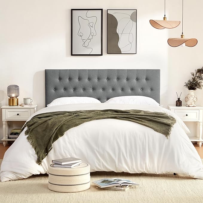 Tufted Upholstered Headboard Twin Size, Solid Wood Head Board with Durable Metal Legs, Adjustable Height Twin XL headboard from 37” to 51” Fabric Headboard in Modern Button Design, Grey