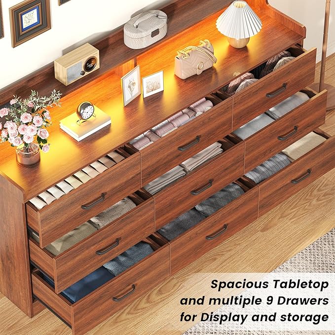 Bigbiglife 9 Drawer Dresser with Built in Power Outlet and LED Light, Modern Chest of Drawers for Bedroom, Triple Wide Drawer Organizer Cabinet for Living Room, Entryway, Hallway, Walnut Brown