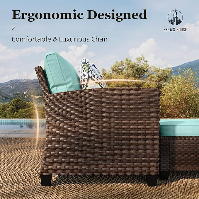 Small Patio Furniture Set, 3 Pieces Wicker Outdoor Sectional Set, L-Shaped Patio Couch Set, Modular Rattan Conversation Set with Lounge Sofa and Ottomans for Deck Lawn Garden, Blue