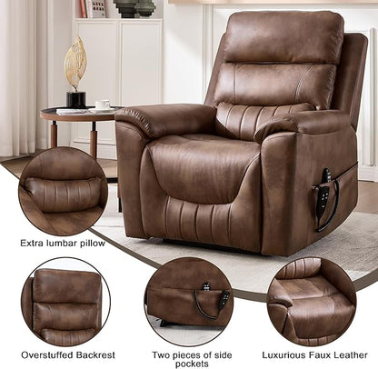 Power Lift Recliner Chair for Elderly People, Dual Motor Lay Flat Recliner with Vibration Massage and Heat, Heavy Duty Motion Mechanism Standing Assistance Reclining Chair, Faux Leather Brown