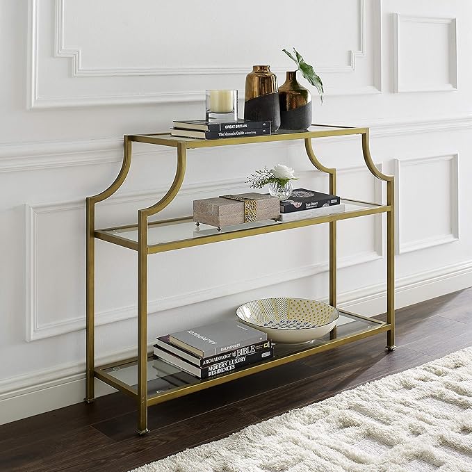 Crosley Furniture Aimee Sofa Console Table with Storage Shelves for Hall, Entryway, or Living Room, Gold and Glass