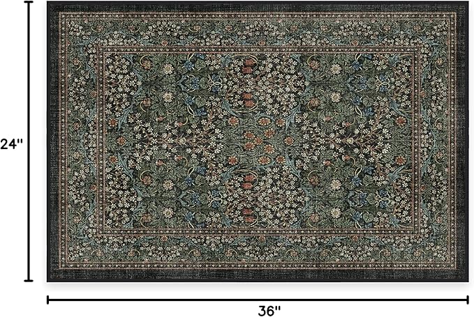RUGGABLE x Morris & Co Machine Washable Area Rug – Blackthorn Forest Green 2x3, Stain-Resistant, Non-Slip – Small Rugs for Living Room, Bedroom, Hallway, Entryway & Bathroom–with Cushioned Pad