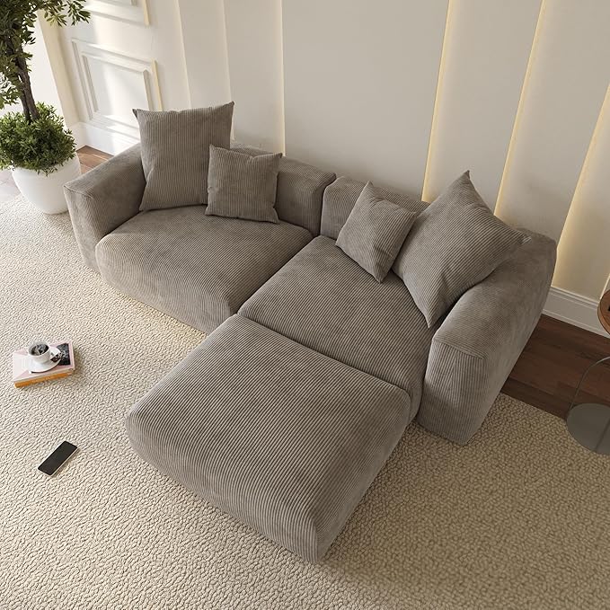 WJShome Cloud Couch Modular Sectional Sofa,102inch L Shaped Sofa with Ottoman,Brown 3 Seater Corduroy Couch,Convertible Sectional Sofa for Living Room,Cushion Covers Removable& Washable