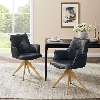 Art Leon Office Chair No Wheels - Mid Century Modern Swivel Desk Chair, Genuine Leather Upholstered Accent Chair with Oak Wood Legs for Small Space Living Room Bedroom, Black Blue