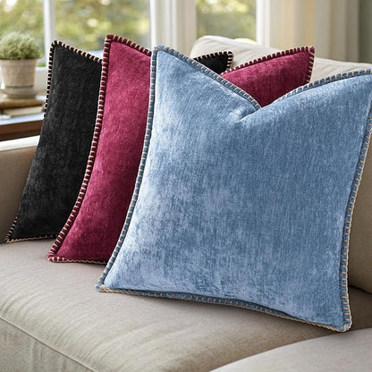 decorUhome Christmas Chenille Soft Throw Pillow Covers 18x18 Set of 2, Farmhouse Velvet Neutral Decorative Euro Pillow Covers with Stitched Edge for Couch Sofa Bed Home Decor, Rhododendron