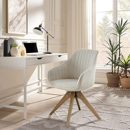 Zouron Mid Century Modern Swivel Accent Chair, Vanity Chair with Wooden Legs, Upholstered Arm Chair No Wheels, Accent Side Chair for Small Space Home Office Living Room Bedroom, Raw White