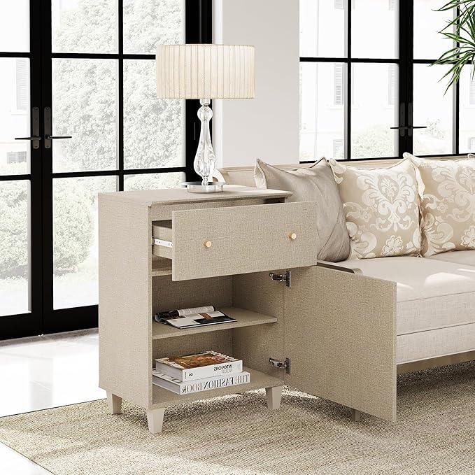WAMPAT Storage Cabinet for Living Room, 32.4" H Freestanding Wood Accent Cabinets Floor Cupboard with Drawer, Door, and Adjustable Shelf for Dining Room, Kitchen, Entryway, Beige Linen Texture Finish