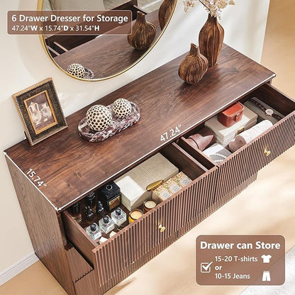 Fluted Dresser for Bedroom, 47" 6 Drawer Dressers, Wood Tall Dresser Storage Organizer, Modern Chest of Drawers with Deep Storage for Closet Hallway, Entryway, Living Room, Brown