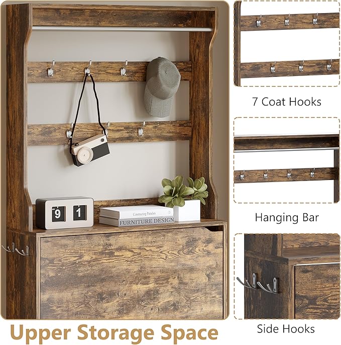 Tall Shoe Cabinet with Coat Rack, Hidden Shoe Storage Cabinet with Doors & Drawer, Hanging Bar & Hooks, Slim Narrow Freestanding Shoe Rack Organizer for Entryway, Hallway & Living Room, Brown