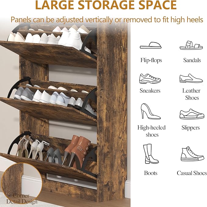 Shoe Storage Cabinet with 3 Flip Drawers, Slim Hidden Wood Shoe Cabinet Storage for Entryway, Freestanding Narrow Shoe Rack Organizer with Adjustable Shelves for Foyer, Hallway, Brown