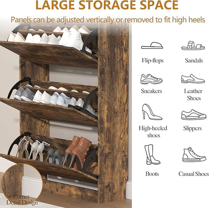 Shoe Storage Cabinet with 3 Flip Drawers, Slim Hidden Wood Shoe Cabinet Storage for Entryway, Freestanding Narrow Shoe Rack Organizer with Adjustable Shelves for Foyer, Hallway, Brown